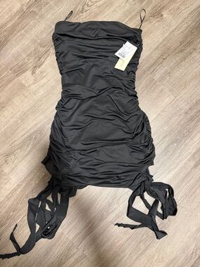 black ruched tie-hem mini dress